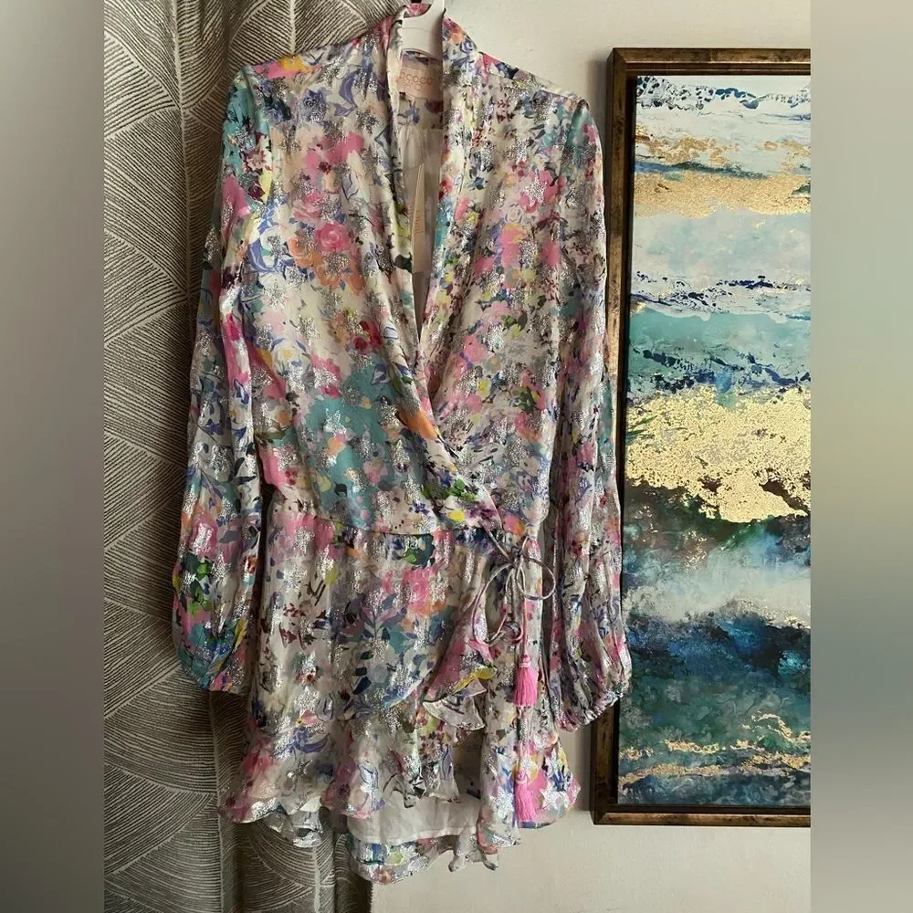 Rococo Sand Floral Leila Metallic Stars Mini Dress Sz XS Wrap Viscose Lined NWT